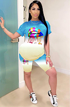 Blue Casual Mouth Graphic Short Sleeve Round Neck Tee Top Shorts Sets TZ1090
