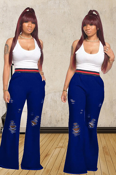 Blue Casual Polyester Ripped Flare Leg Pants TZ1092