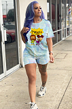 Pink Casual Polyester Tie Dye Cartoon Graphic Short Sleeve Round Neck Tee Top Shorts Sets HM5307