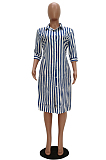 Blue Casual Striped Short Sleeve Buttoned Shift Dress TRS1032
