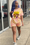 Rose Red Casual Polyester Tie Dye Cartoon Graphic Short Sleeve Round Neck Tee Top Shorts Sets HM5307