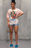 Pink Casual Polyester Tie Dye Cartoon Graphic Short Sleeve Round Neck Tee Top TRS1029