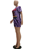 Purple Casual Polyester Tie Dye Short Sleeve Round Neck Tee Top Shorts Sets TRS1036