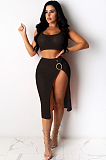 Red Cute Polyester Sleeveless Cold Shoulder Hollow Out Crop Top Slit Skirt Sets TRS1045