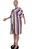 Purple Modest Nylon Striped Half Sleeve Peplum Top Straight Leg Pants Sets F8279