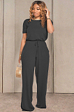 Black Casual Cotton Short Sleeve Round Neck Drawstring Waist Tee Jumpsuit TRS1033