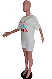 White Casual Letter Short Sleeve Round Neck Tee Top Shorts Sets F8271