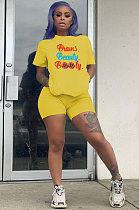 Yellow Casual Letter Short Sleeve Round Neck Tee Top Shorts Sets F8271