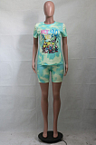 Green Casual Cartoon Graphic Short Sleeve Round Neck Tee Top Shorts Sets SY8531