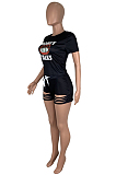 Black Casual Letter Mouth Graphic Short Sleeve Round Neck Ripped Tee Top Shorts Sets ML7330