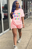 Black Casual Letter Short Sleeve Round Neck Ripped Tee Top Shorts Sets SH7180