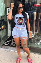 Light Blue Casual Letter Mouth Graphic Short Sleeve Round Neck Ripped Tee Top Shorts Sets ML7330