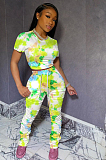 Camouflage Casual Cotton Tie Dye Short Sleeve Round Neck Crop Top Ruffle Long Pants Sets F8281