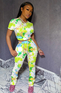 Yellow Casual Cotton Tie Dye Short Sleeve Round Neck Crop Top Ruffle Long Pants Sets F8281