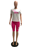 Pink Casual Letter Short Sleeve Round Neck Tee Top Shorts Sets OEP6175