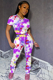Camouflage Casual Cotton Tie Dye Short Sleeve Round Neck Crop Top Ruffle Long Pants Sets F8281