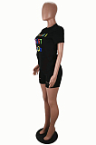 Black Casual Letter Short Sleeve Round Neck Ripped Tee Top Shorts Sets SH7180