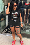 Orange Casual Letter Mouth Graphic Short Sleeve Round Neck Ripped Tee Top Shorts Sets ML7330
