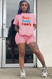 Pink Casual Letter Short Sleeve Round Neck Tee Top Shorts Sets F8271