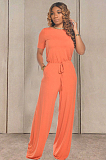 Sky Blue Orange Casual Cotton Short Sleeve Round Neck Drawstring Waist Tee Jumpsuit TRS1033