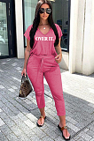 Rose Red Casual Cotton Letter Short Sleeve V Neck Tee Top Pants Sets F8280