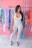 Blue Casual Polyester Striped Sleeveless Round Neck Tank Jumpsuit KZ128