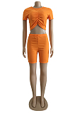 Orange Casual Short Sleeve Round Neck Shirred Detail Crop Top Shorts Sets WM840