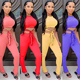 WHOLESALE | Pink Casual Short Sleeve Round Neck Wavy Ruffles Tee Top Long Pants Sets CM753