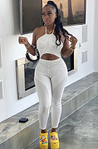 White Casual Polyester Sleeveless Halterneck Cami Jumpsuit ED8229