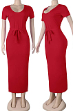 Red Casual Polyester Short Sleeve Round Neck Split Hem Waist Tie Long Dress KZ789