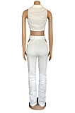 White Modest Sleeveless Deep V Neck Shirred Detail Flare Leg Pants Sets WM832