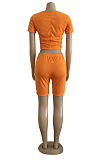 Orange Casual Short Sleeve Round Neck Shirred Detail Crop Top Shorts Sets WM840