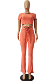 WHOLESALE | Pink Casual Short Sleeve Round Neck Wavy Ruffles Tee Top Long Pants Sets CM753