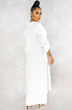 White Casual Linen Long Sleeve Buttoned Shirt Dress KZ104