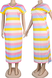 Pink Casual Polyester Rainbow Stripe Short Sleeve V Neck Split Hem Shift Dress KZ111