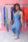 White Casual Polyester Striped Sleeveless Round Neck Tank Jumpsuit KZ128