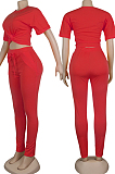Red Casual Short Sleeve Round Neck Drawstring Waist Tee Top Long Pants Sets KZ004