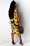 Yellow Casual Ditsy Floral Short Sleeve Round Neck Tie Front All Over Print Long Dress MY9658