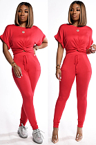 Red Casual Short Sleeve Round Neck Drawstring Waist Tee Top Long Pants Sets KZ004