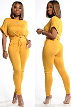 Yellow Casual Short Sleeve Round Neck Drawstring Waist Tee Top Long Pants Sets KZ004