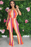Rose Red Casual Polyester Striped Sleeveless Round Neck Waist Tie Cami Jumpsuit KZ134