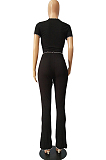 WHOLESALE | Black Casual Short Sleeve Round Neck Wavy Ruffles Tee Top Long Pants Sets CM753