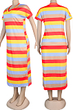 Pink Casual Polyester Rainbow Stripe Short Sleeve V Neck Split Hem Shift Dress KZ111