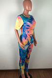 Blue Red Casual Tie Dye Short Sleeve Round Neck Tee Top Long Pants Sets QZ6091
