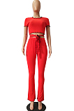 WHOLESALE | Red Casual Short Sleeve Round Neck Wavy Ruffles Tee Top Long Pants Sets CM753