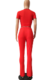 WHOLESALE | Red Casual Short Sleeve Round Neck Wavy Ruffles Tee Top Long Pants Sets CM753