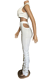 White Modest Sleeveless Deep V Neck Shirred Detail Flare Leg Pants Sets WM832