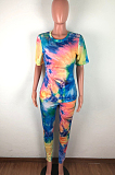 Blue Red Casual Tie Dye Short Sleeve Round Neck Tee Top Long Pants Sets QZ6091