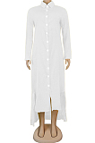 White Casual Linen Long Sleeve Buttoned Shirt Dress KZ104