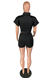 Khaki Modest Short Sleeve High Neck Tie Front Crop Top Shorts Sets W8273